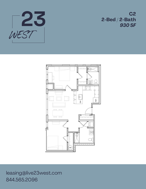 Floor plan for 2 beds, 2 baths, 930 sqft